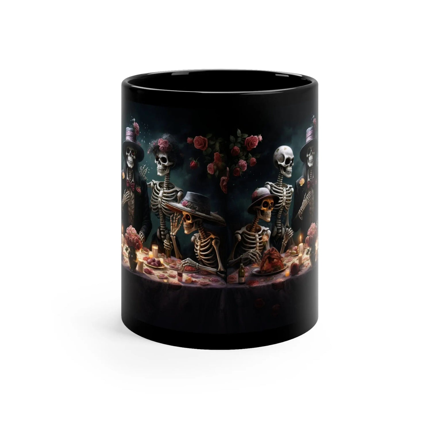 11oz  Dia de Los Muertos Black Mug 11oz  Day Of the Dead Halloween festive skeleton family dinner party portrait traditional Mexican art The Aurora Touch