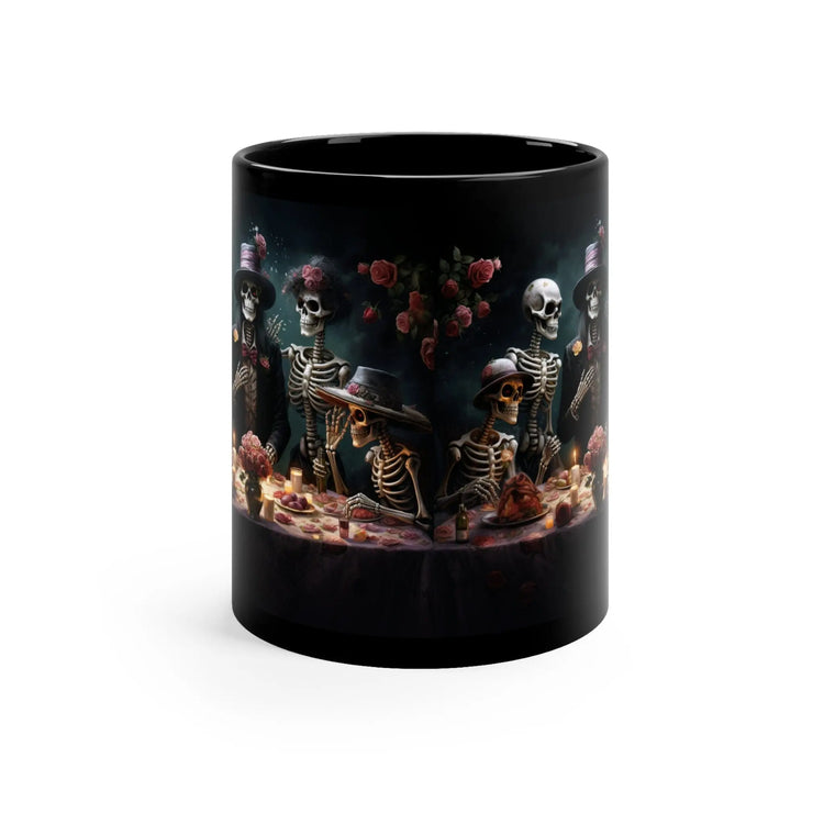 11oz  Dia de Los Muertos Black Mug 11oz  Day Of the Dead Halloween festive skeleton family dinner party portrait traditional Mexican art The Aurora Touch