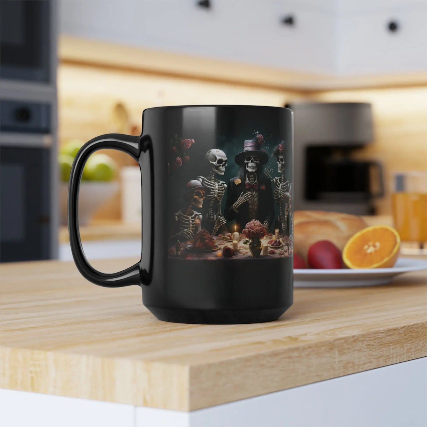 Black Mug, 15oz, Dia de Los Muertos Day Of the Dead Halloween festive family home single living traditional Mexican art kitchen beverage mug The Aurora Touch