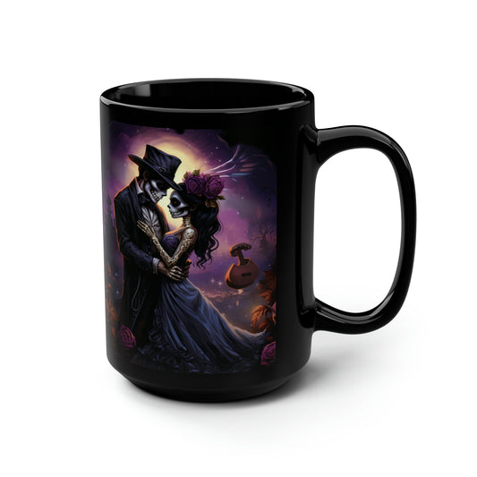 Black Mug, 15oz, Day of the Dead Dia de Los Muertos traditional couple print potrait Halloween season festive kitchen decor beverage cup