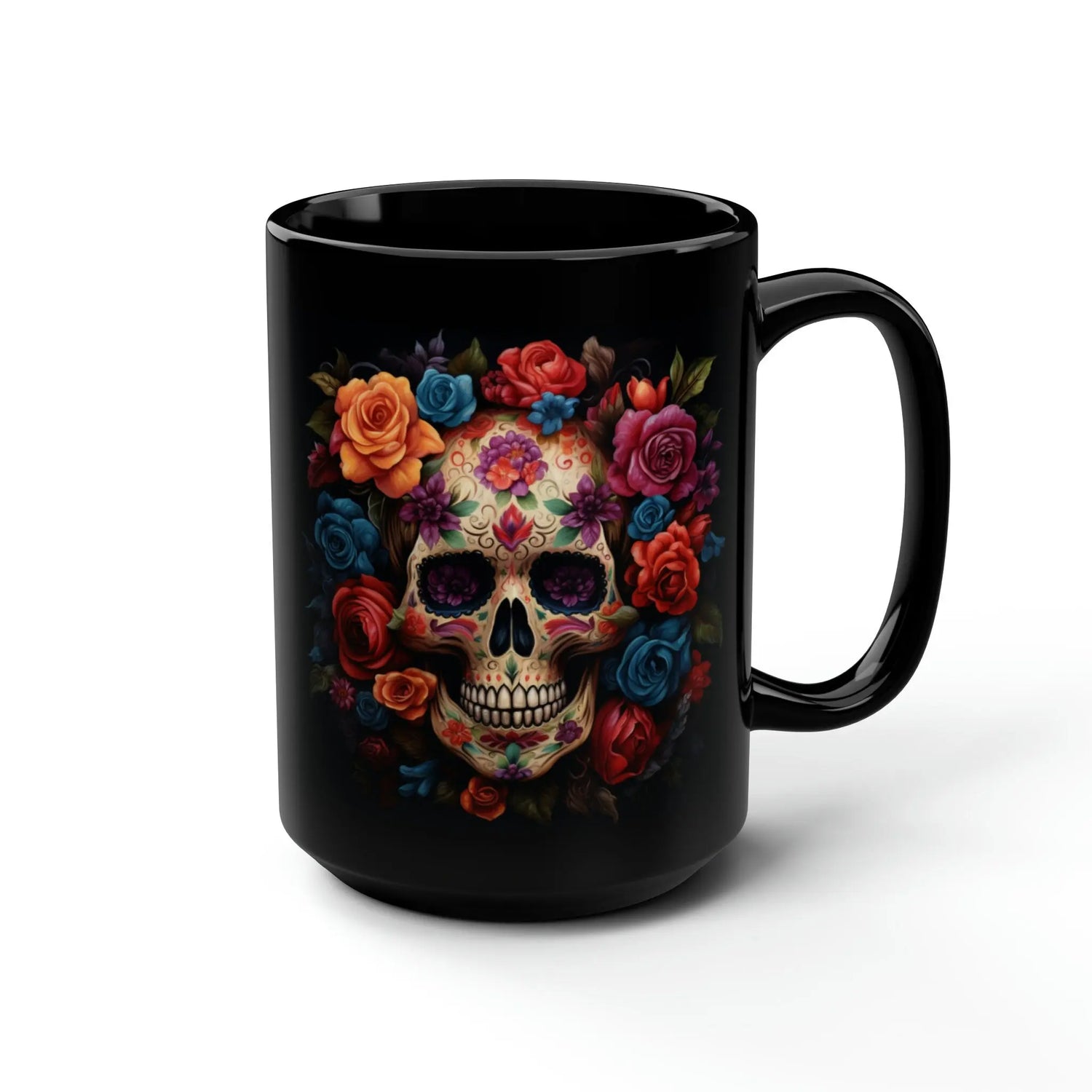 15 oz Black Day of the Dead Mug | Festive Traditional Art Print | Holiday Coffee Cup for Celebrations | Unique Beverage Drinkware The Aurora Touch