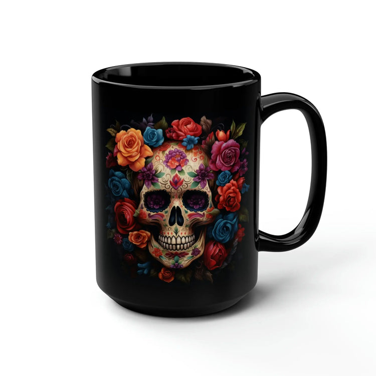 15 oz Black Day of the Dead Mug | Festive Traditional Art Print | Holiday Coffee Cup for Celebrations | Unique Beverage Drinkware The Aurora Touch