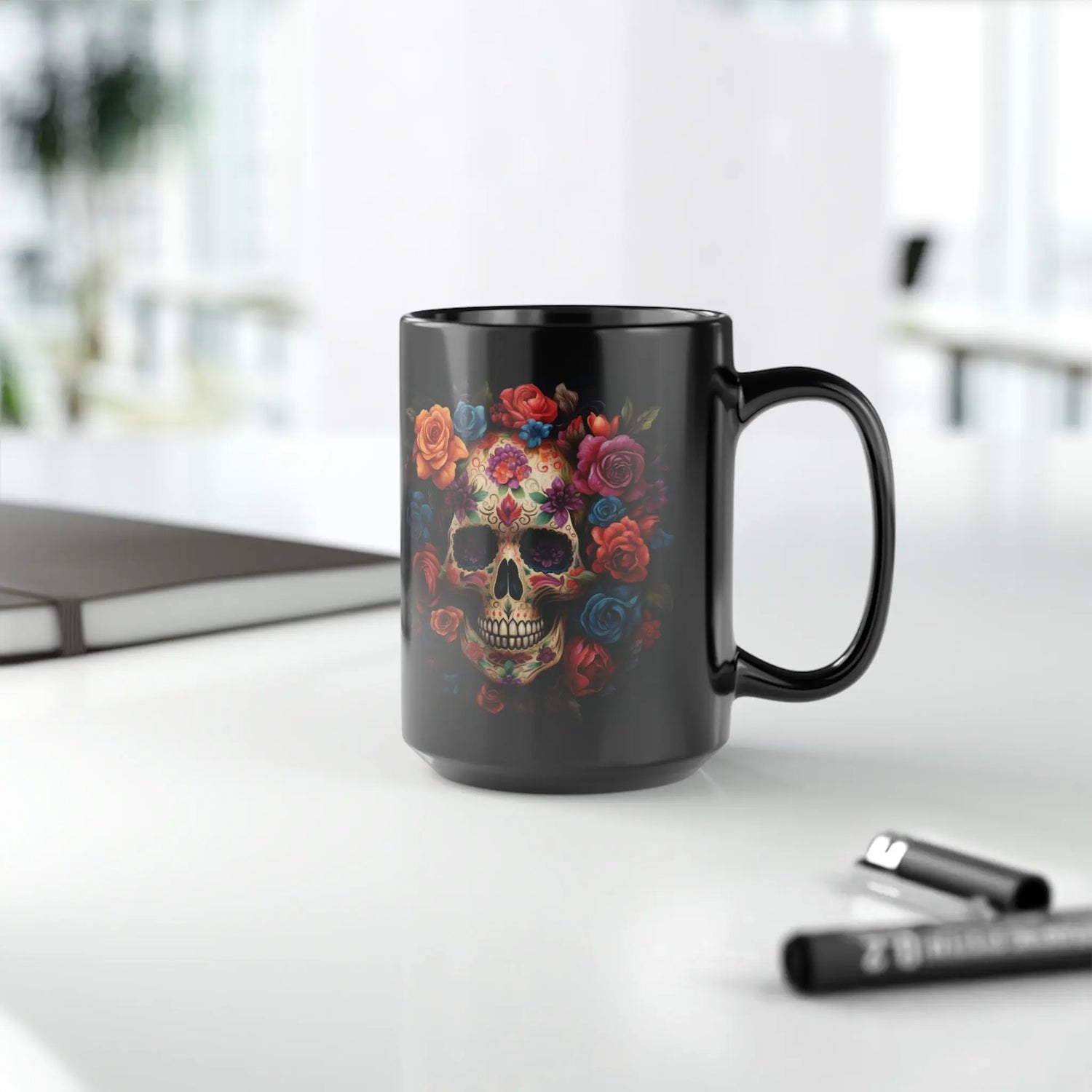 15 oz Black Day of the Dead Mug | Festive Traditional Art Print | Holiday Coffee Cup for Celebrations | Unique Beverage Drinkware The Aurora Touch