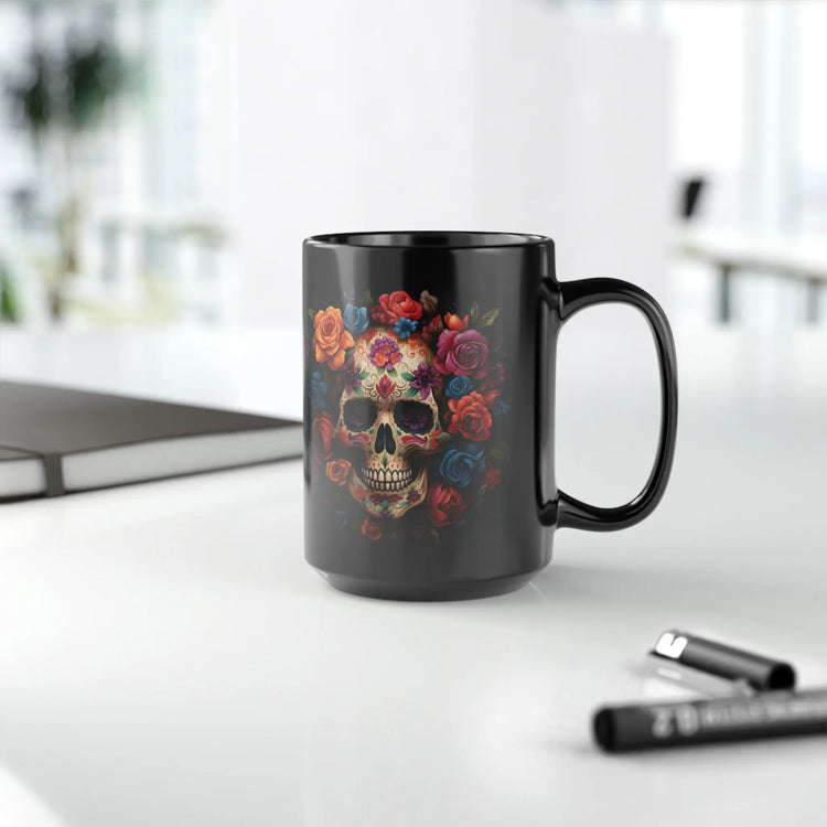 15 oz Black Day of the Dead Mug | Festive Traditional Art Print | Holiday Coffee Cup for Celebrations | Unique Beverage Drinkware The Aurora Touch
