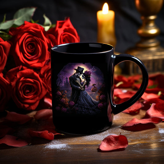 Black Mug, 15oz, Day of the Dead Dia de Los Muertos traditional couple print potrait Halloween season festive kitchen decor beverage cup