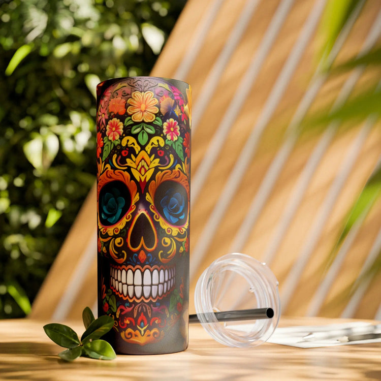 Skinny Tumbler with Straw, 20oz, Dia de Los Muertos, Day of the Dead, Halloween tumbler, Cadaver design, Artistic Tumbler, Colorful Tumbler The Aurora Touch