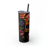 Skinny Tumbler with Straw, 20oz, Dia de Los Muertos, Day of the Dead, Halloween tumbler, Cadaver design, Artistic Tumbler, Colorful Tumbler The Aurora Touch