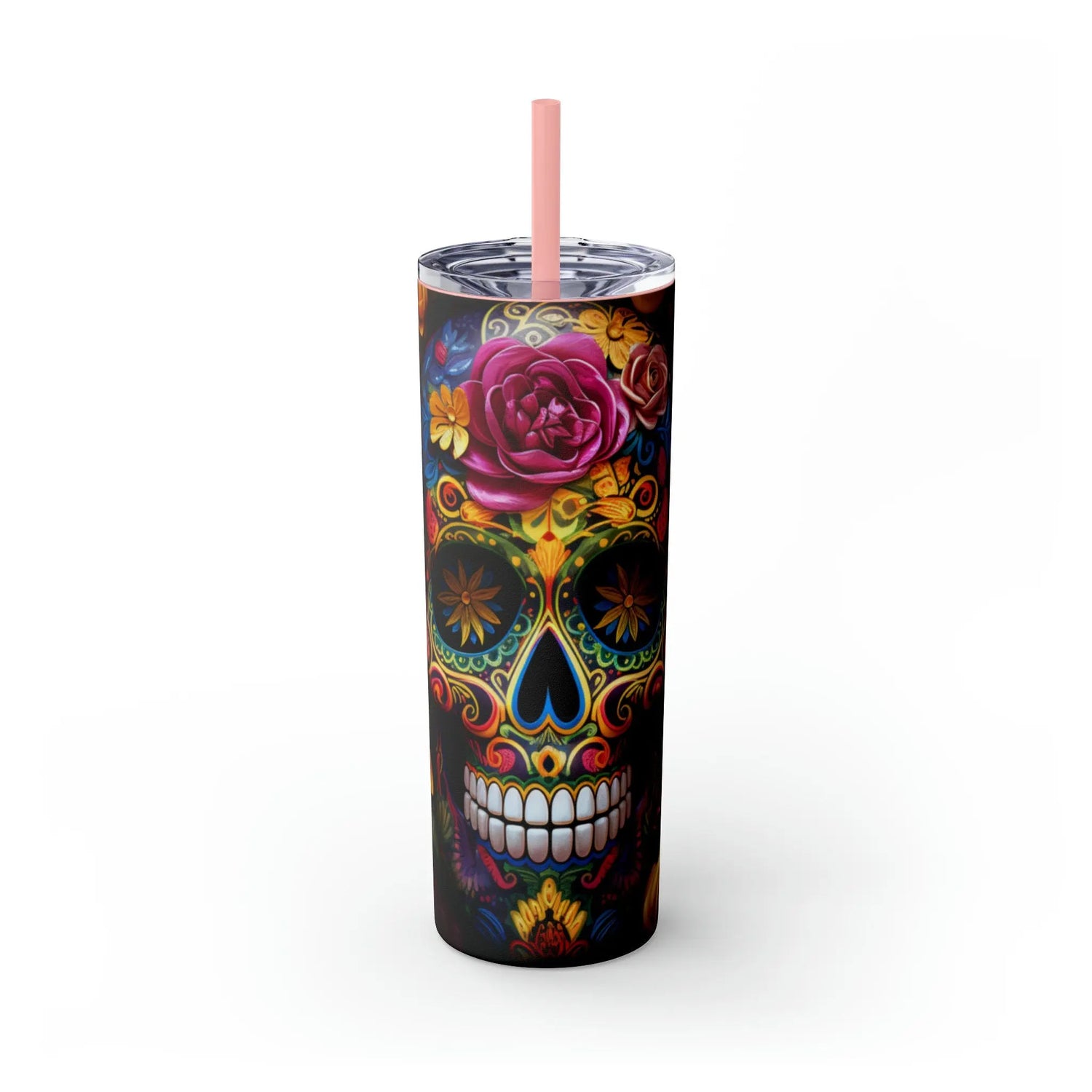 Dia de Los Muertos Skinny Tumbler, 20oz - Cadaver Design - Colorful Artistic Halloween Cup - Day of the Dead Mug, Holiday Tumbler The Aurora Touch