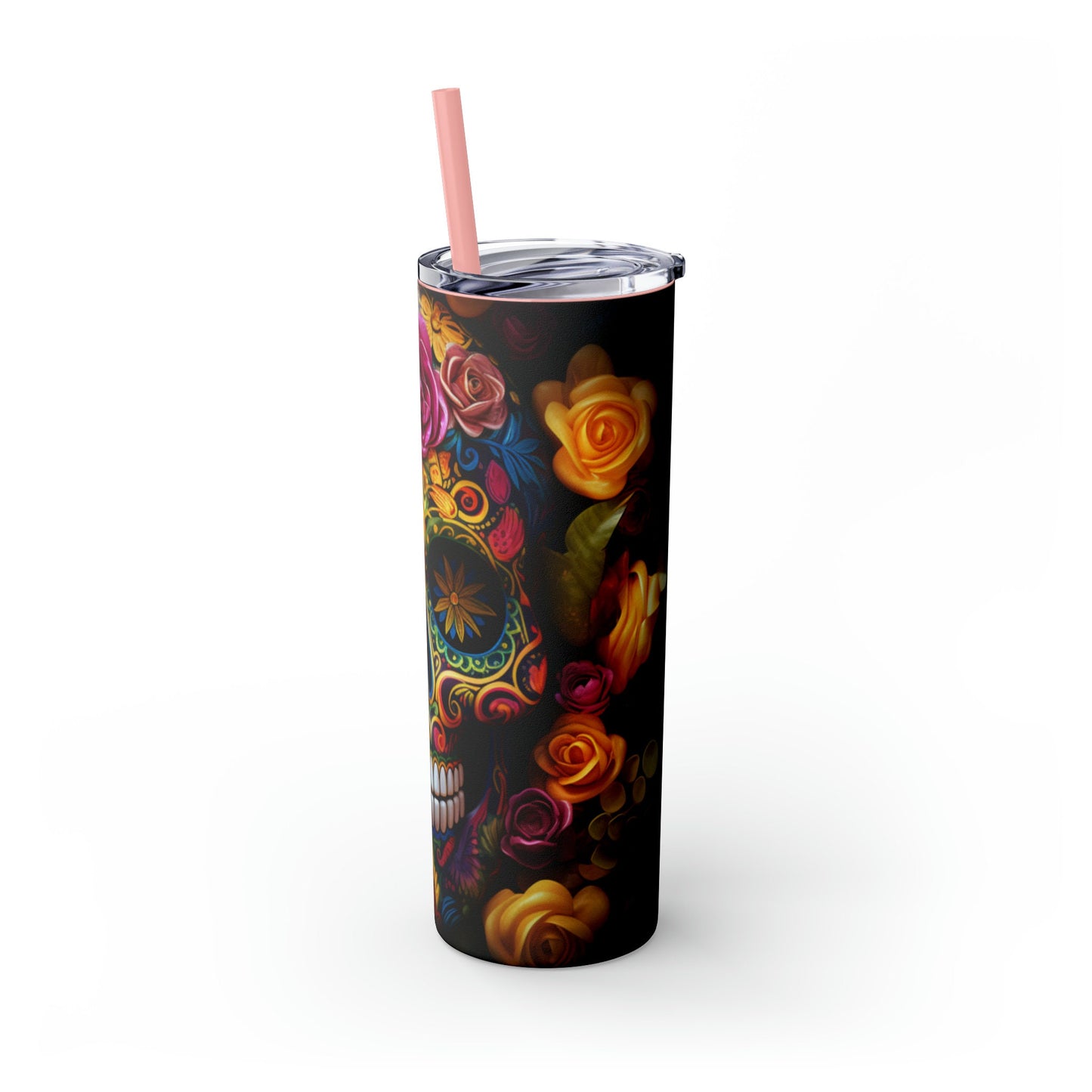 Dia de Los Muertos Skinny Tumbler, 20oz - Cadaver Design - Colorful Artistic Halloween Cup - Day of the Dead Mug, Holiday Tumbler