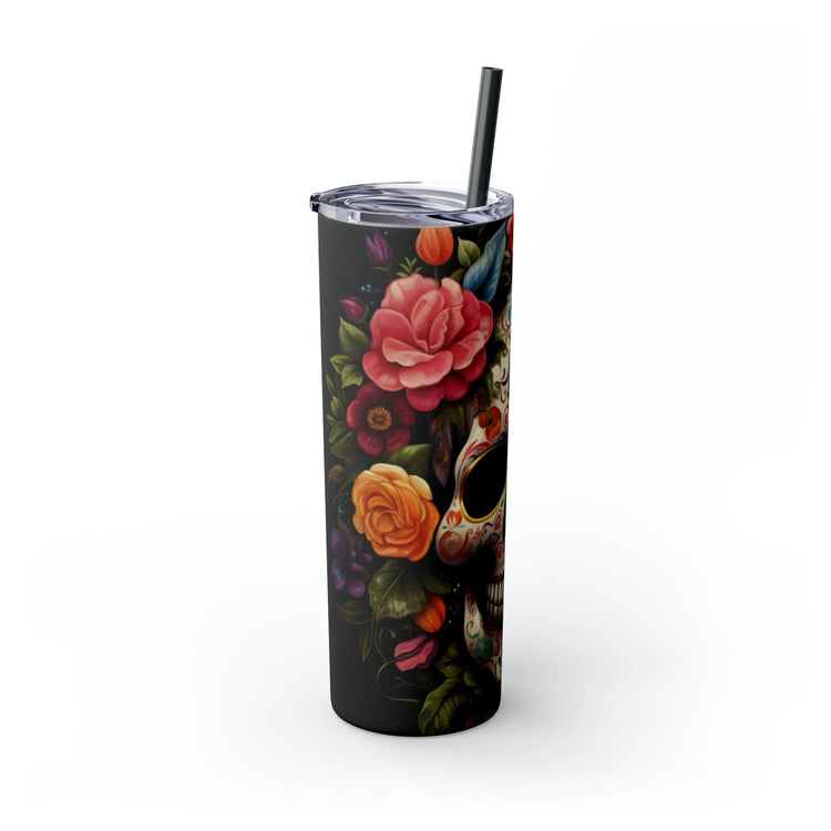 Skinny Tumbler with Straw, 20oz, Dia de Los Muertos day of the dead Mexican tradition artistic non- toxic hot cold carry around mug tumbler The Aurora Touch