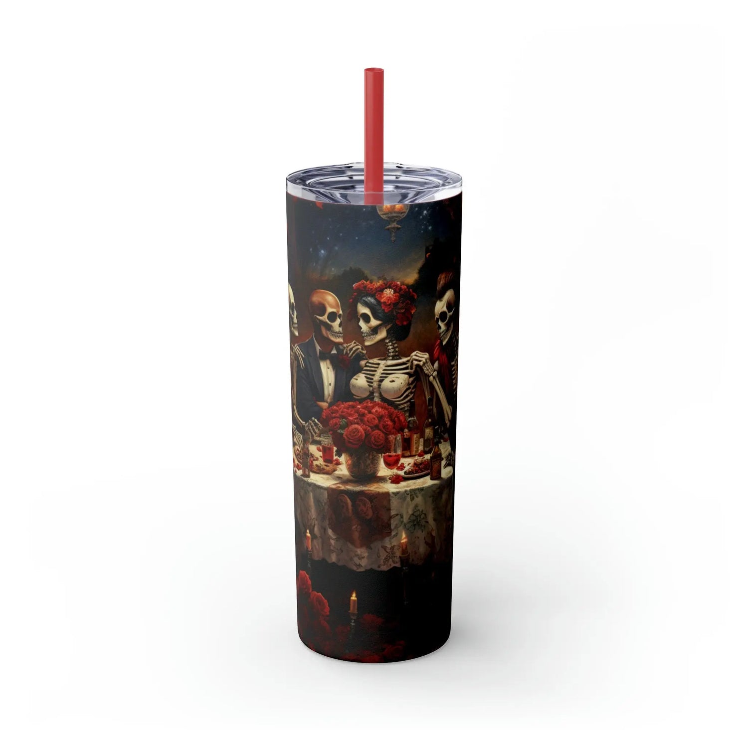 Skinny Tumbler with Straw, 20oz Day of the dead Halloween artistic dead man party dinner portrait scene design hot cold beverage travel cup The Aurora Touch