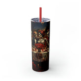 Skinny Tumbler with Straw, 20oz Day of the dead Halloween artistic dead man party dinner portrait scene design hot cold beverage travel cup The Aurora Touch