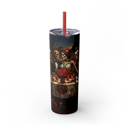 Skinny Tumbler with Straw, 20oz Day of the dead Halloween artistic dead man party dinner portrait scene design hot cold beverage travel cup The Aurora Touch