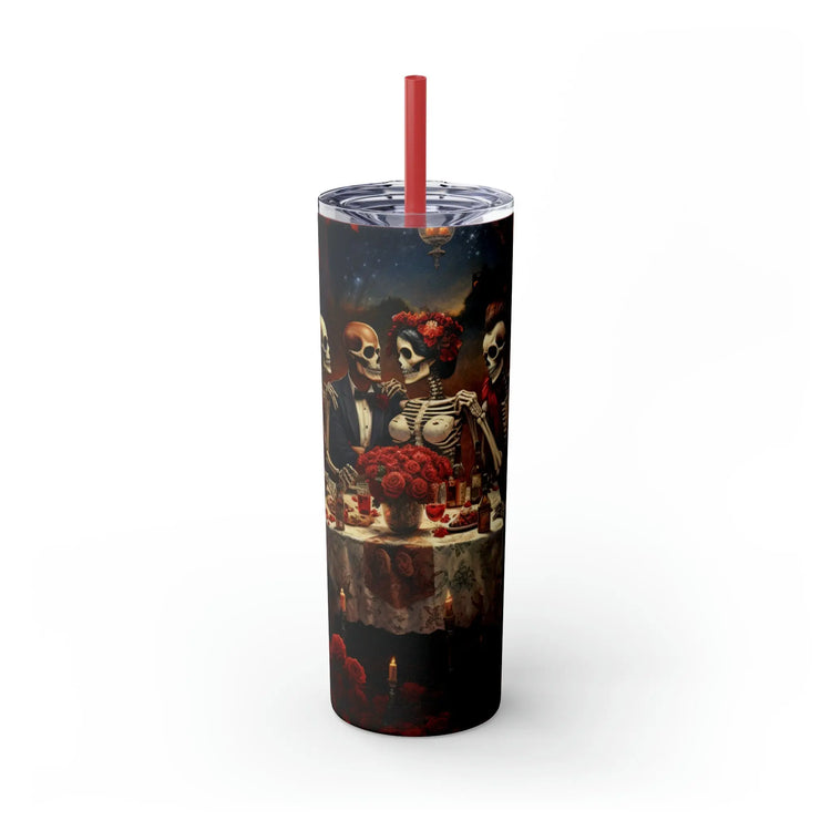Skinny Tumbler with Straw, 20oz Day of the dead Halloween artistic dead man party dinner portrait scene design hot cold beverage travel cup The Aurora Touch
