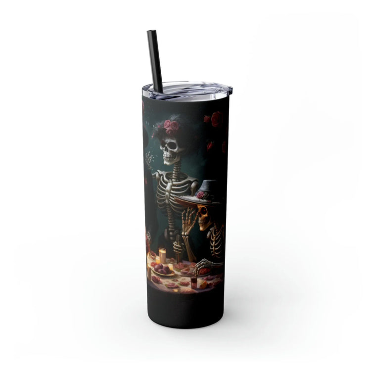 Day of the Dead 20oz Skinny Tumbler with Straw, Colorful Dia de Los Muertos Halloween Artistic Cup, Dead Mans Party Mug, Gift for Halloween