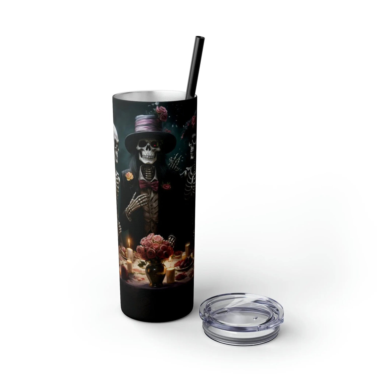Day of the Dead 20oz Skinny Tumbler with Straw, Colorful Dia de Los Muertos Halloween Artistic Cup, Dead Mans Party Mug, Gift for Halloween