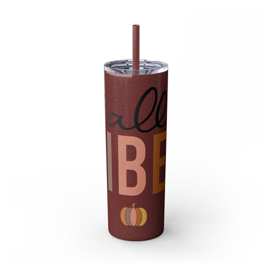 Fall Vibes Skinny Tumbler with Straw, 20oz - Brown Holiday Female Gift Water Cup, Thanksgiving Mug The Aurora Touch
