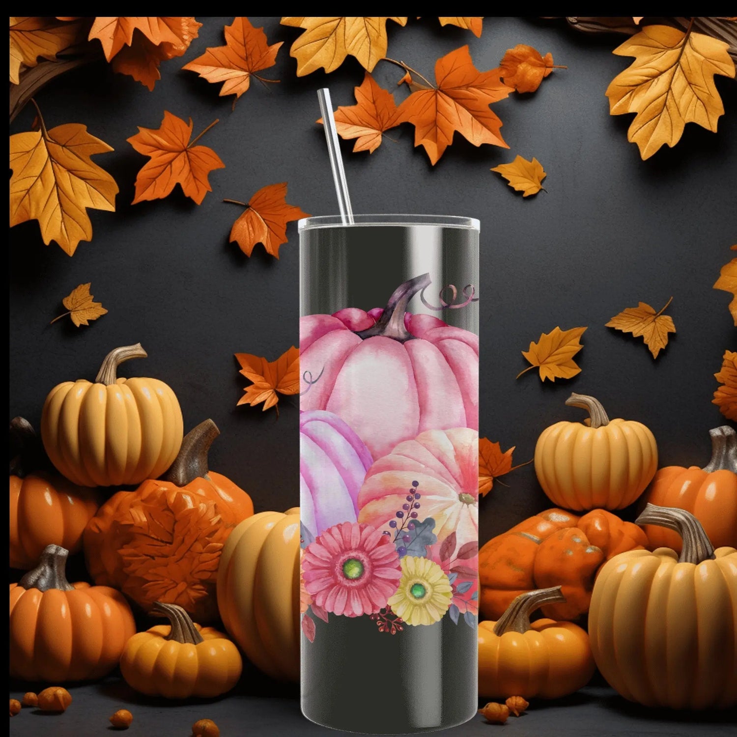 Skinny Tumbler with Straw, 20oz, Pumpkin design, Pink Tumbler, Fall Tumbler, Holiday Tumbler, Festive Tumbler, hot coffee tumbler The Aurora Touch