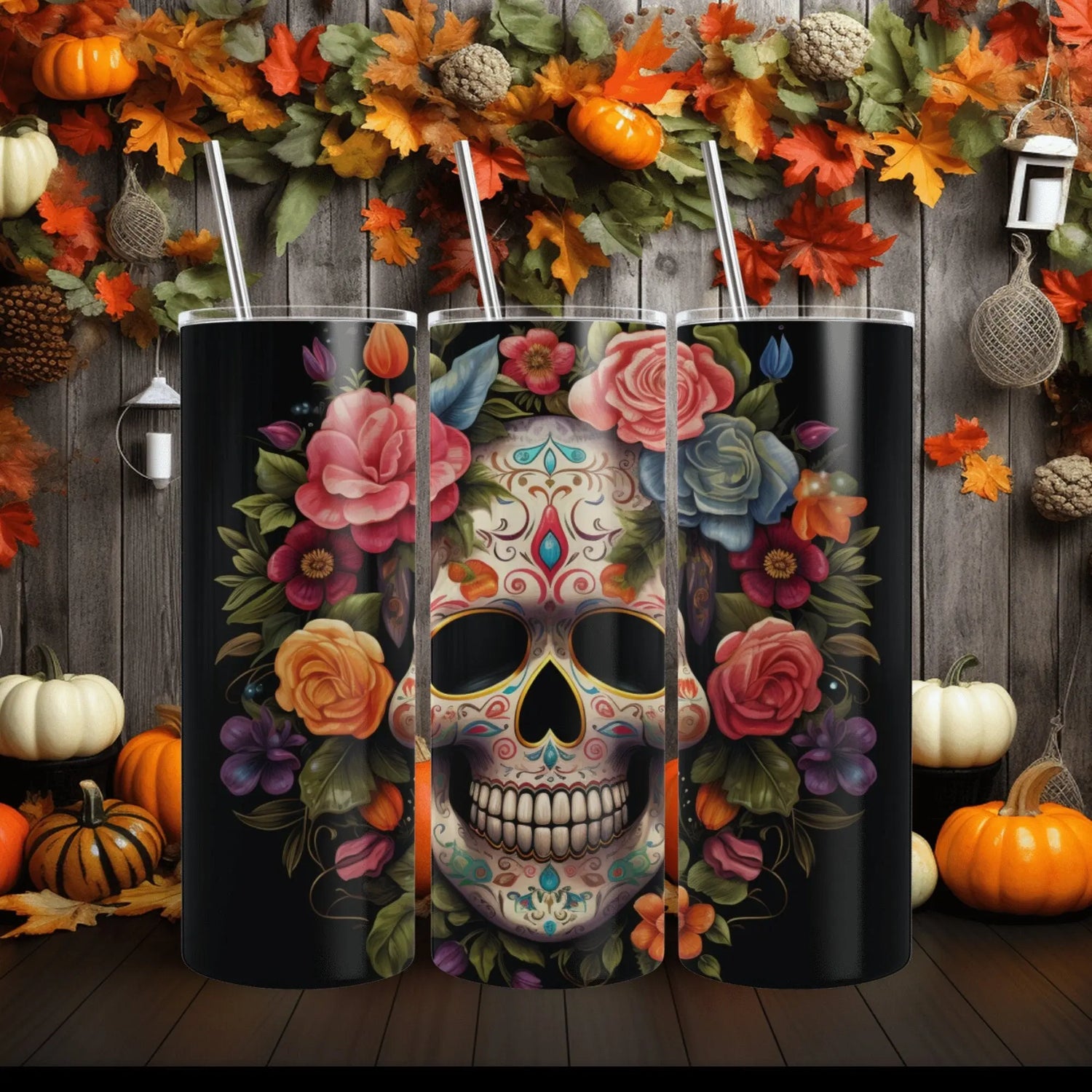 Skinny Tumbler with Straw, 20oz, Dia de Los Muertos day of the dead Mexican tradition artistic non- toxic hot cold carry around mug tumbler The Aurora Touch