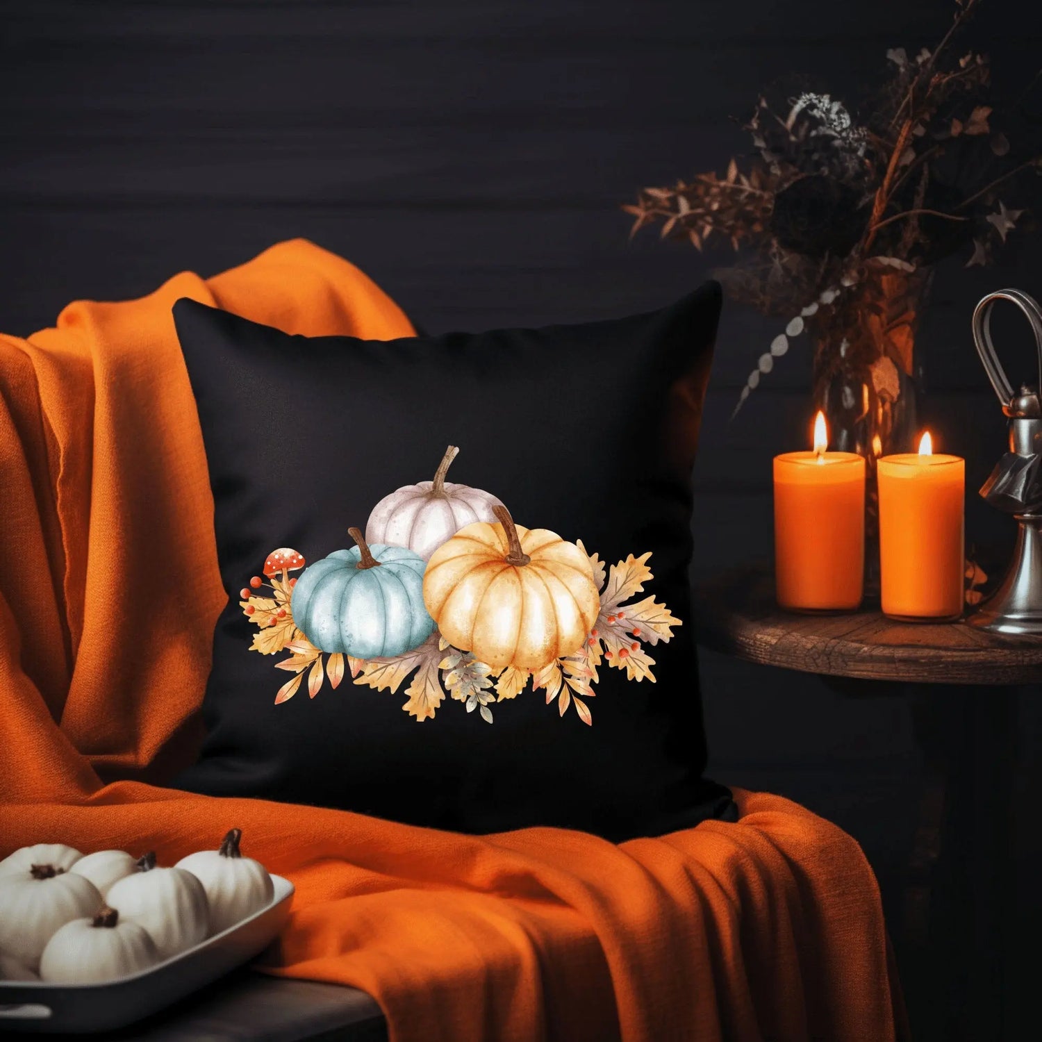 Square Pillow, Thanksgiving black pumpkin theme decorative throw holiday Fall vibes couch chair bed cushion The Aurora Touch