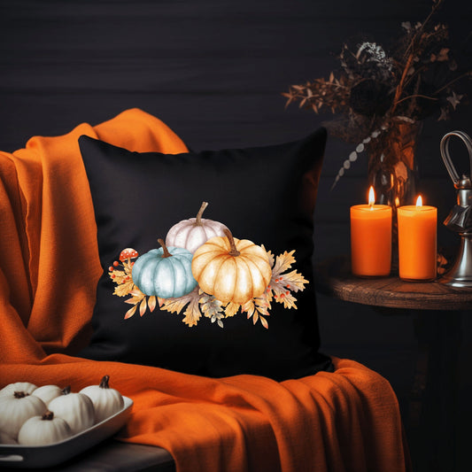 Square Pillow, Thanksgiving black pumpkin theme decorative throw holiday Fall vibes couch chair bed cushion