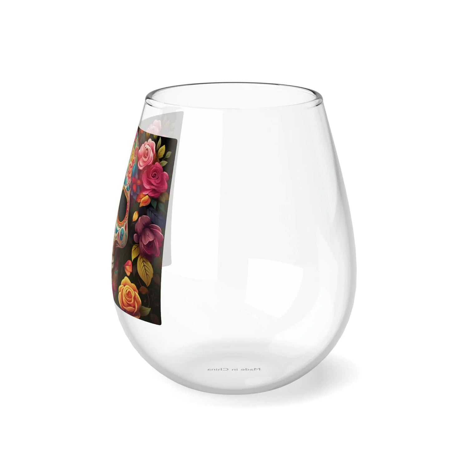 Stemless Wine Glass, 11.75oz Day of the Dead colorful sugar skull traditional portrait design social gathering wine glass The Aurora Touch