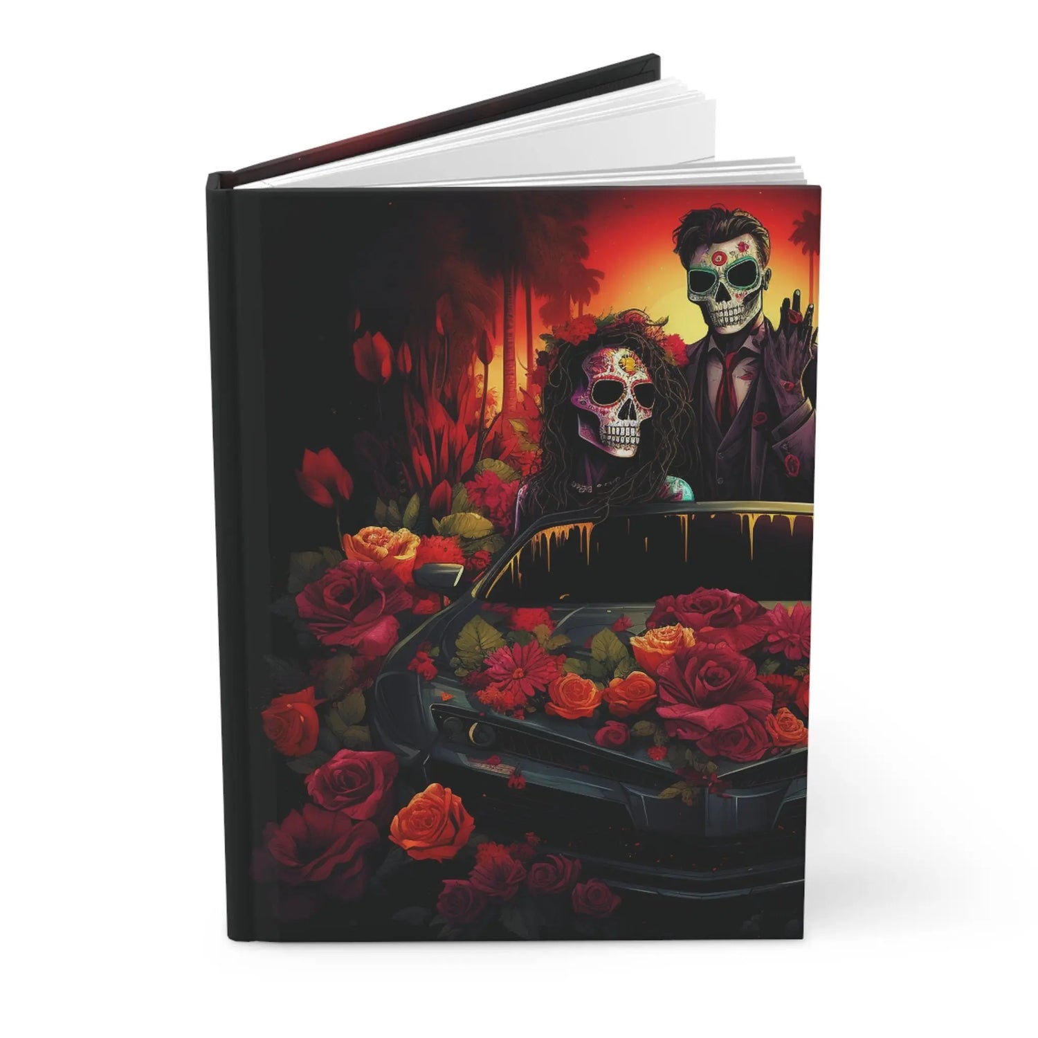 Hardcover Day of the Dead Notebook | Dia de los Muertos Journal | Gothic Halloween Sketchbook | Colorful Skeleton Art with Red Roses The Aurora Touch