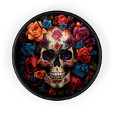 Wall Clock, Day of the Dead Halloween festive vibrant colorful floral sugar skull gothic art portrait design for living room kitchen office The Aurora Touch