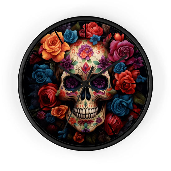 Wall Clock, Day of the Dead Halloween festive vibrant colorful floral sugar skull gothic art portrait design for living room kitchen office The Aurora Touch