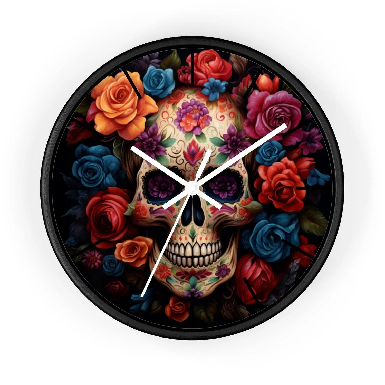 Wall Clock, Day of the Dead Halloween festive vibrant colorful floral sugar skull gothic art portrait design for living room kitchen office The Aurora Touch