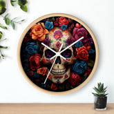 Wall Clock, Day of the Dead Halloween festive vibrant colorful floral sugar skull gothic art portrait design for living room kitchen office