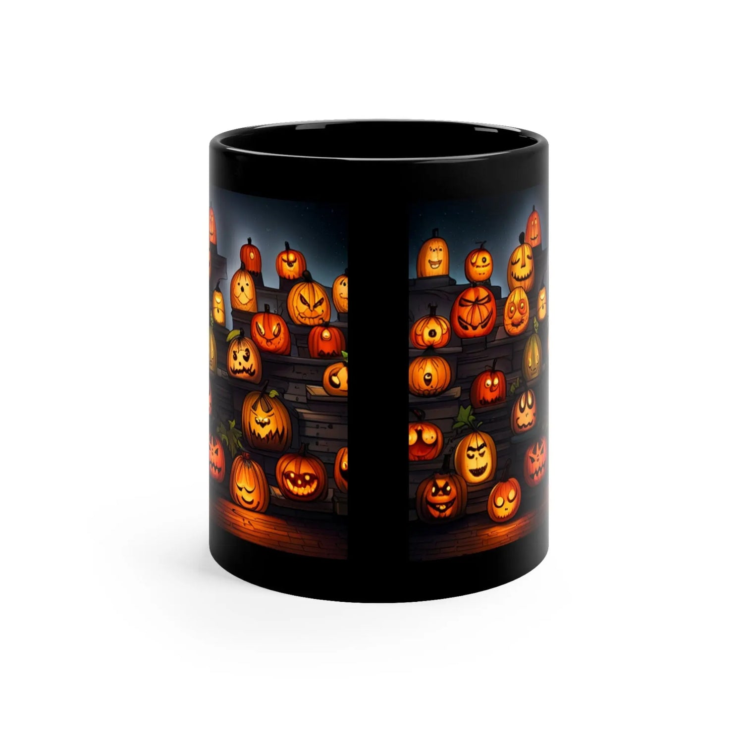 11oz Black Mug, Vibrant pumpkin halloween pattern design casual office everyday office home decorative cup The Aurora Touch