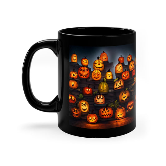 11oz Black Mug, Vibrant pumpkin halloween pattern design casual office everyday office home decorative cup