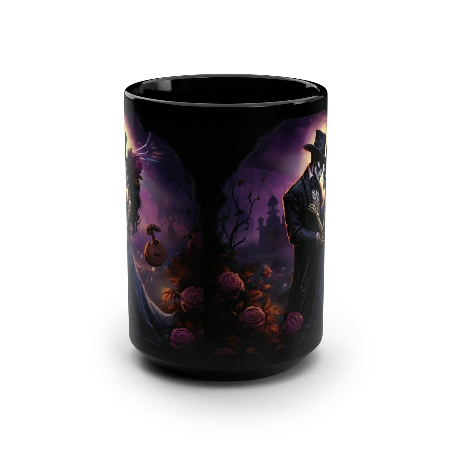 Black Mug, 15oz, Day of the Dead Dia de Los Muertos traditional couple print potrait Halloween season festive kitchen decor beverage cup The Aurora Touch