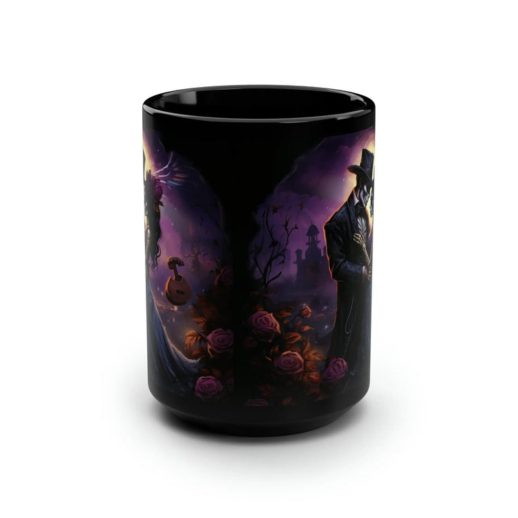 Black Mug, 15oz, Day of the Dead Dia de Los Muertos traditional couple print potrait Halloween season festive kitchen decor beverage cup The Aurora Touch