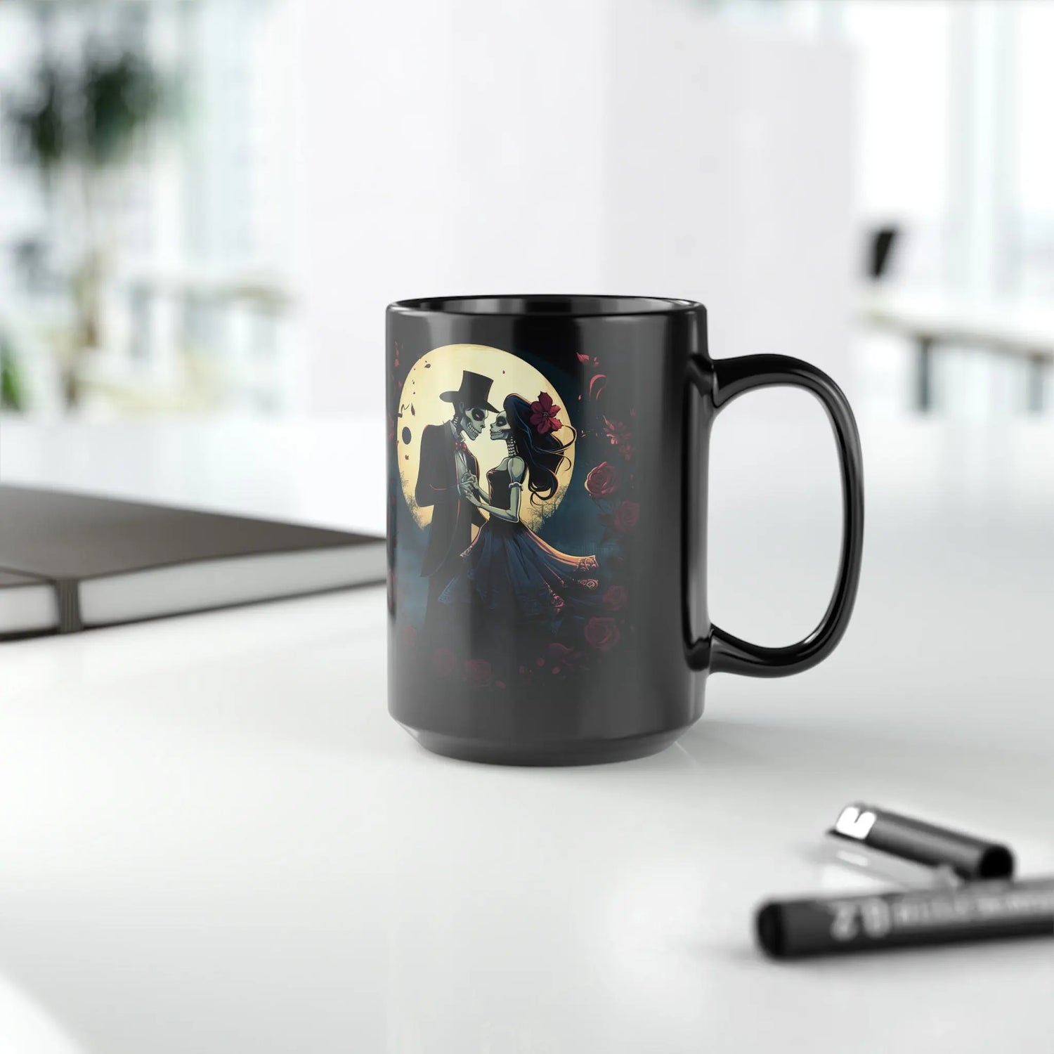 Black Mug, 15oz, Black Mug, Day of the Dead Dia de Los Muerto gothic artisic traditional Mexican art coffee tea beverag kitchen decor cup The Aurora Touch