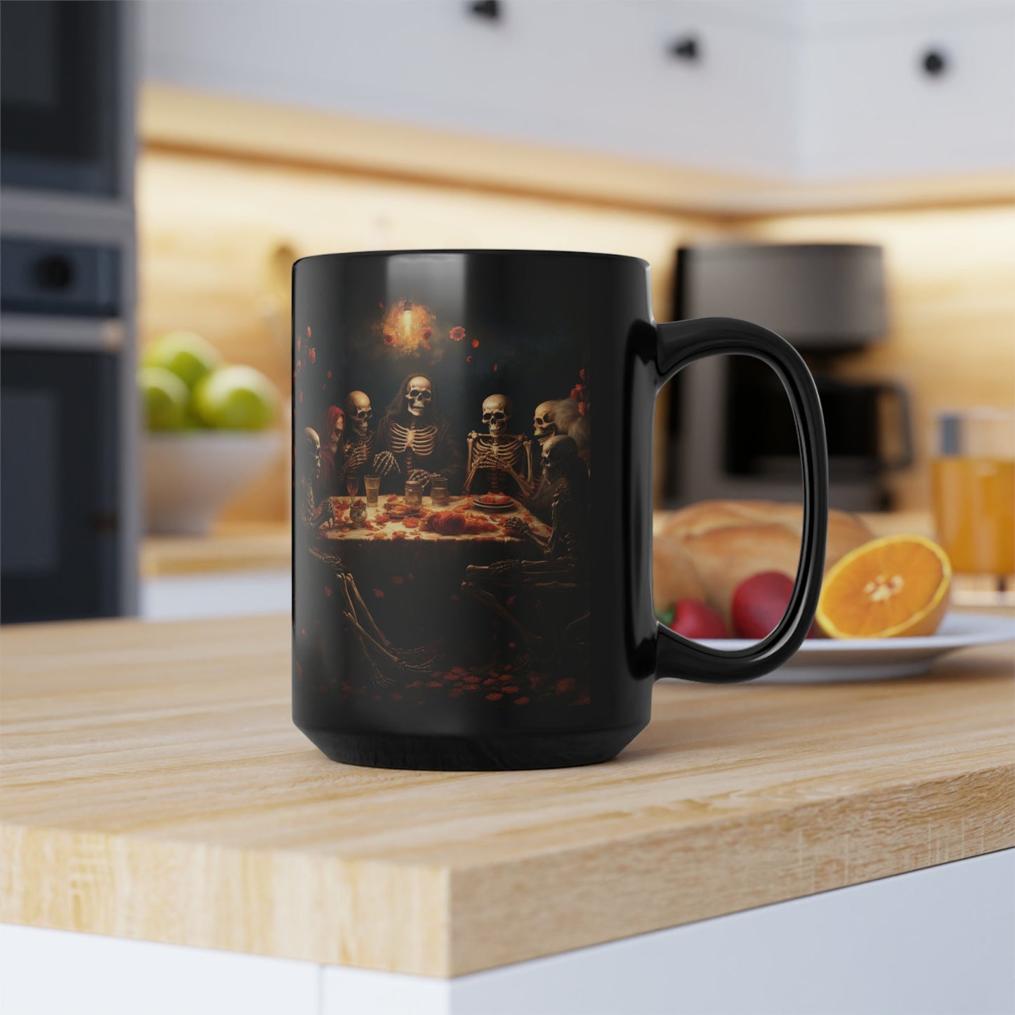 Black Mug, 15oz, Dia de Los Muertos Day Of the Dead Halloween festive skeleton family sit down dinner  designer holiday kitchen decor cup