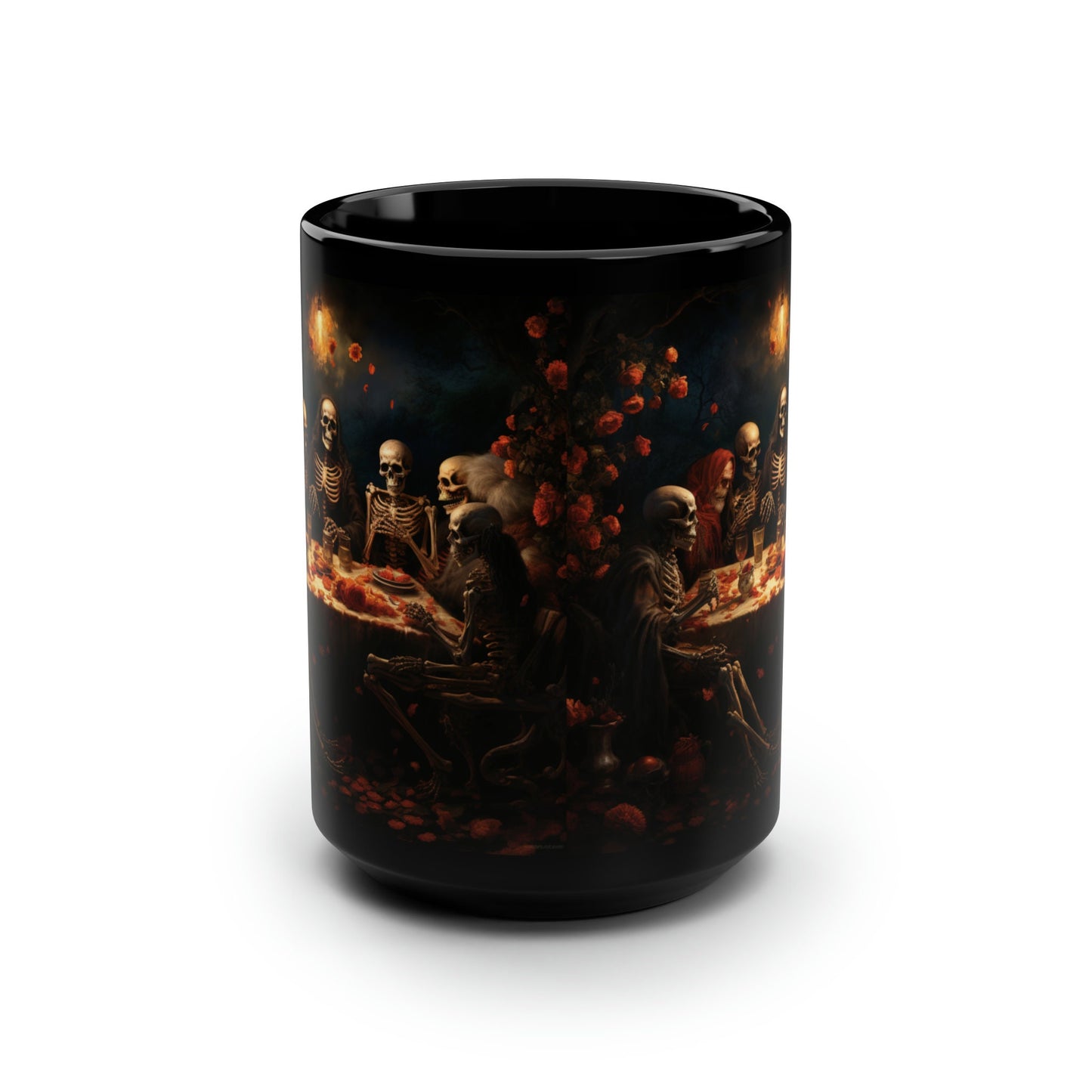 Black Mug, 15oz, Dia de Los Muertos Day Of the Dead Halloween festive skeleton family sit down dinner  designer holiday kitchen decor cup