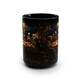 Black Mug, 15oz, Dia de Los Muertos Day Of the Dead Halloween festive skeleton family sit down dinner  designer holiday kitchen decor cup The Aurora Touch