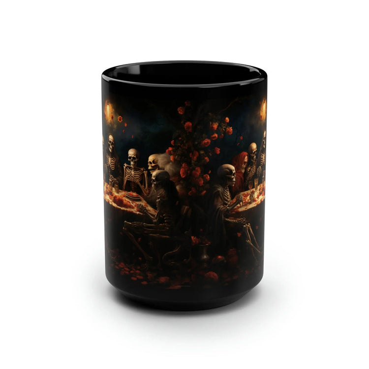 Black Mug, 15oz, Dia de Los Muertos Day Of the Dead Halloween festive skeleton family sit down dinner  designer holiday kitchen decor cup The Aurora Touch