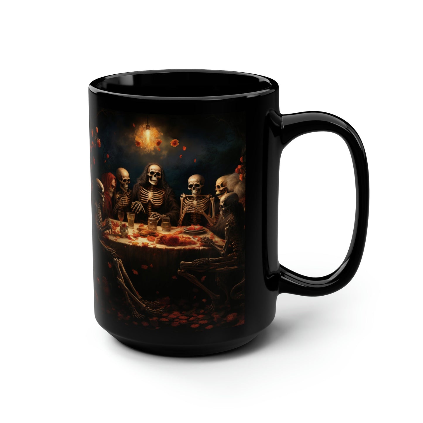 Black Mug, 15oz, Dia de Los Muertos Day Of the Dead Halloween festive skeleton family sit down dinner  designer holiday kitchen decor cup
