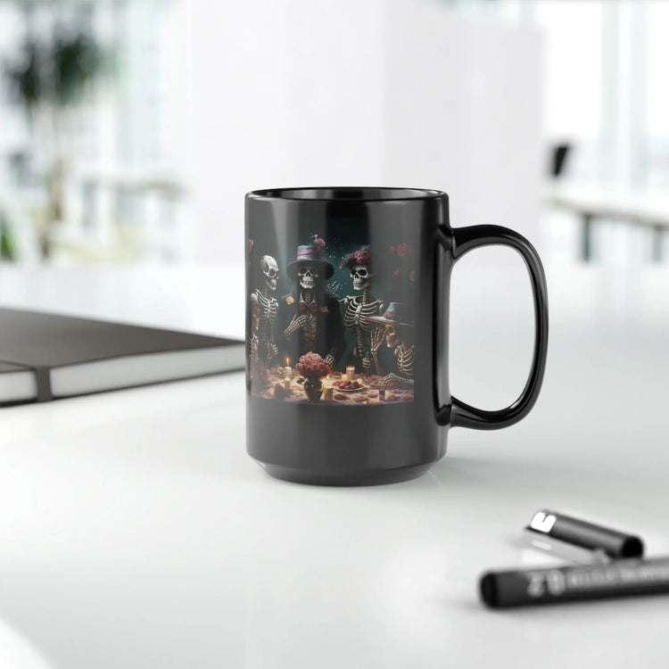 Black Mug, 15oz, Dia de Los Muertos Day Of the Dead Halloween festive family home single living traditional Mexican art kitchen beverage mug The Aurora Touch