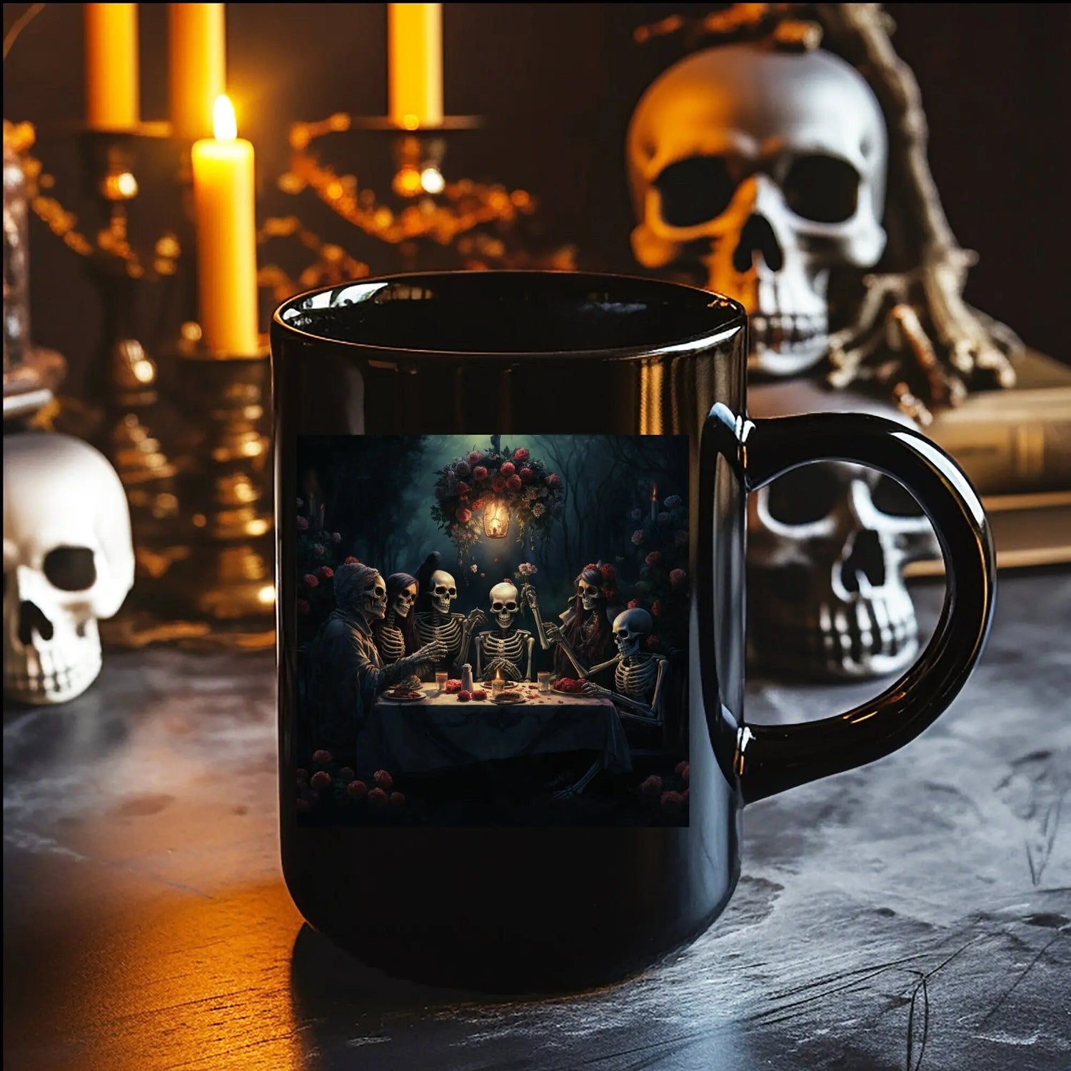 11oz Black Mug,Black Mug, Dia de Los Muertos, Day Of the Dead, Halloween Mug, Festive mug, Skeleton Family, Halloween Dinner, Novelty Mug The Aurora Touch
