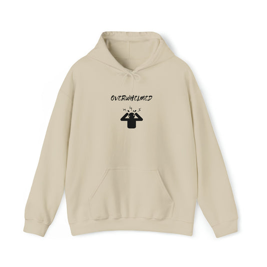 Overwhelmed Unisex Heavy Blend Hooded Sweatshirt, Humor fun casual cozy comfy lounge hoodie sweater casual him her wear great holiday gift
