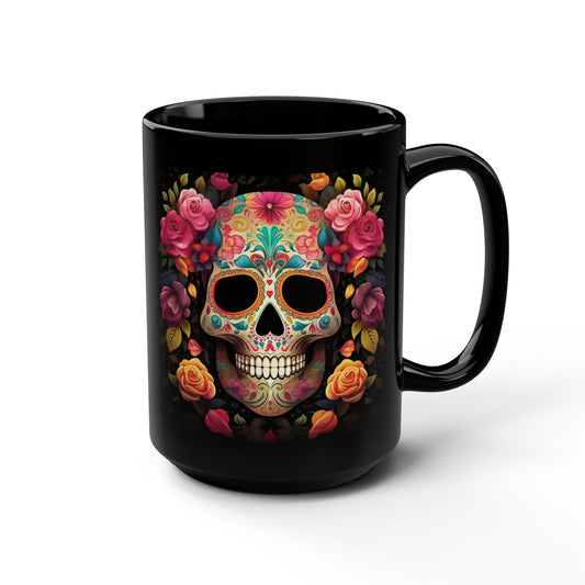 Black Mug, 15oz, Colorful Art, Cadaver, Day of The Dead, Dia de Los Muertos, Halloween Mug, Large Coffee Mug, Festive Mug, Holiday Mug
