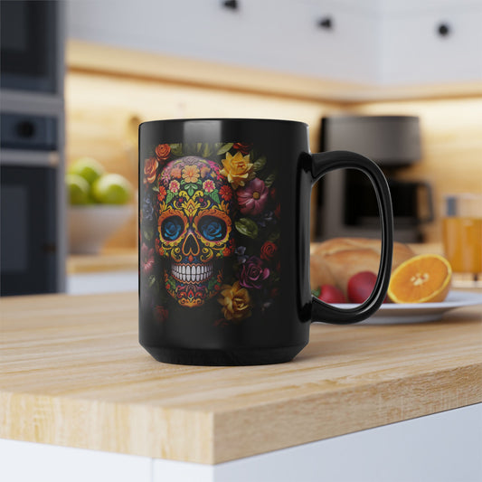 Black Mug, 15oz, Artistic Mug, Colorful Art, Day of The Dead, Dia de Los Muertos, Halloween Mug, Large Coffee Mug, Festive Mug, Holiday Mug