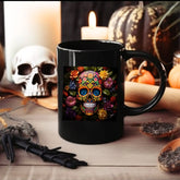 Black Mug, 15oz, Artistic Mug, Colorful Art, Day of The Dead, Dia de Los Muertos, Halloween Mug, Large Coffee Mug, Festive Mug, Holiday Mug The Aurora Touch