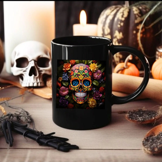 Black Mug, 15oz, Artistic Mug, Colorful Art, Day of The Dead, Dia de Los Muertos, Halloween Mug, Large Coffee Mug, Festive Mug, Holiday Mug The Aurora Touch