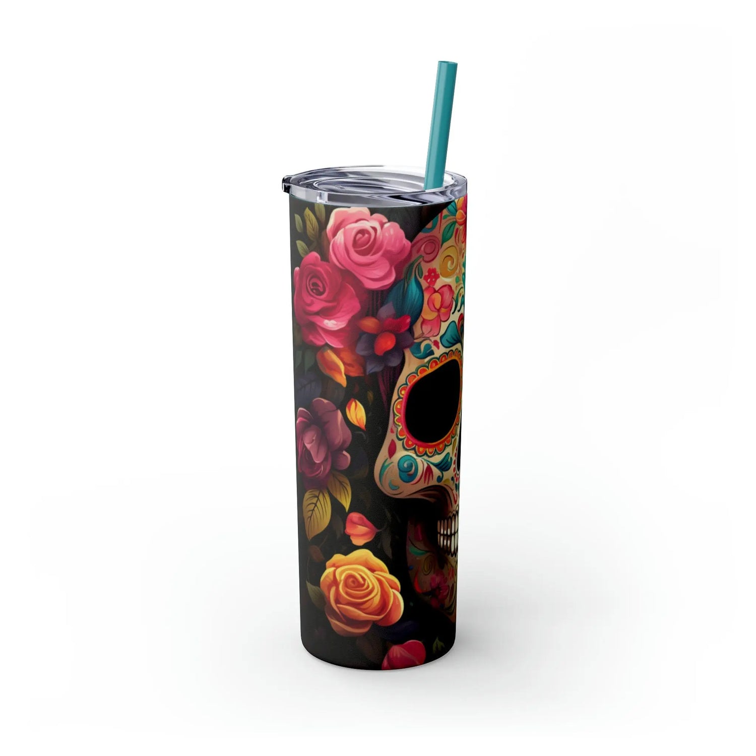 Dia de Los Muertos Skeleton Art Skinny Tumbler, Halloween Day of the Dead Colorful Cup, Cadaver Design Mug, Artistic Tumbler Gift, 20oz The Aurora Touch
