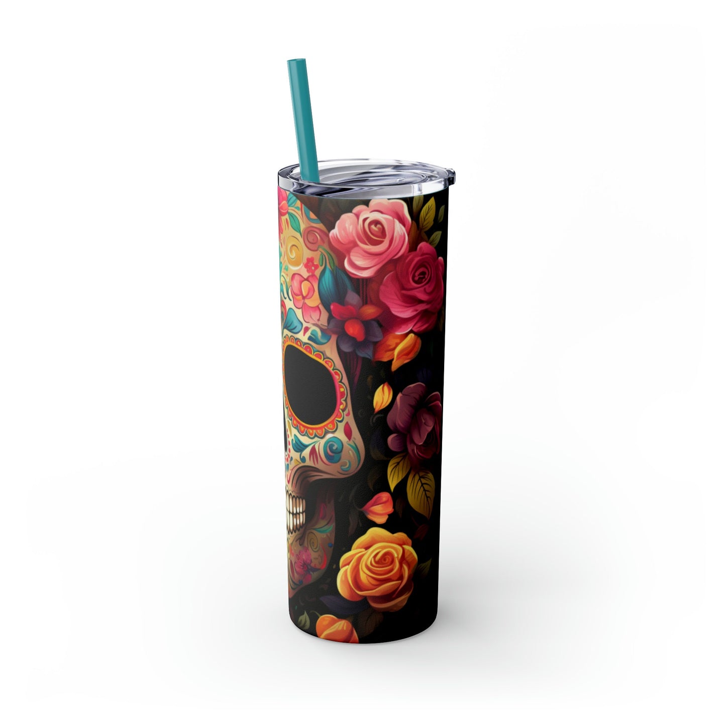 Dia de Los Muertos Skeleton Art Skinny Tumbler, Halloween Day of the Dead Colorful Cup, Cadaver Design Mug, Artistic Tumbler Gift, 20oz